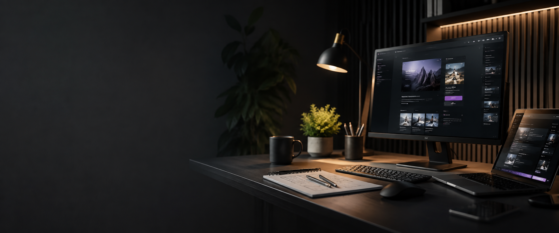 Mesa de trabalho com monitor, notebook e caderno de rascunhos de layout