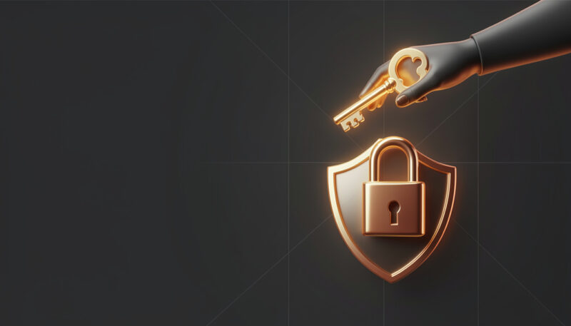 Chave sendo entregue sobre um escudo com cadeado, representando a entrega dos acessos do site