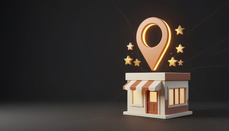 Pin de localizacao sobre uma loja com estrelas de avaliacao, representando o perfil da empresa no Google