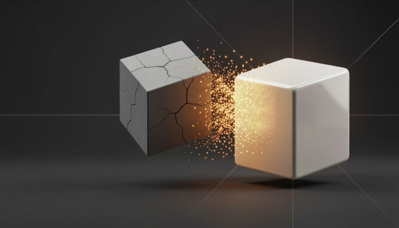 Cubo rachado se transformando em um cubo novo, representando a reformulacao de um site