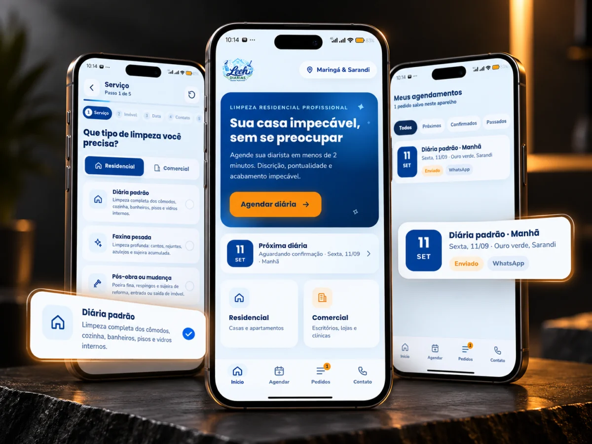 Telas do aplicativo Leeh Diárias no celular, com agenda de diaristas e atendimentos do dia