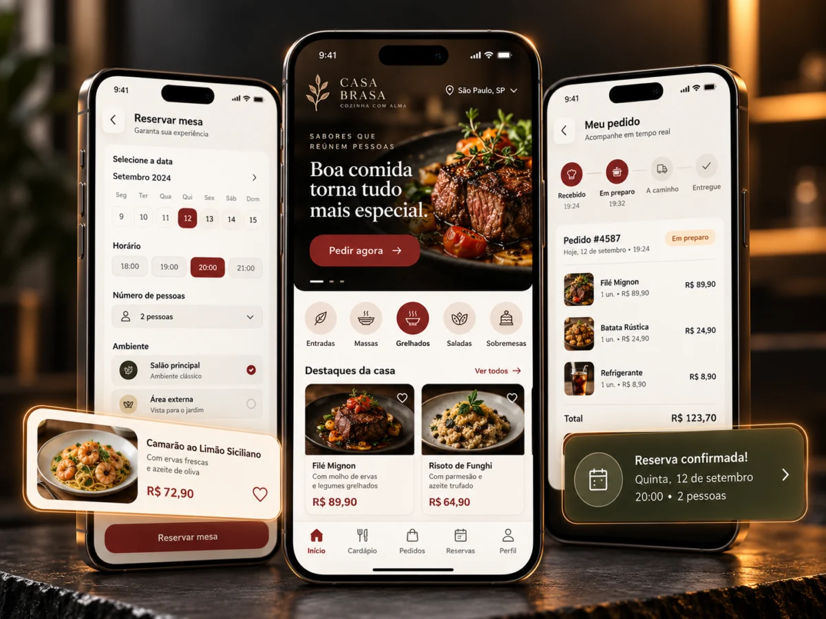 Telas do aplicativo de restaurante no celular, com reserva de mesa, cardápio e pedido
