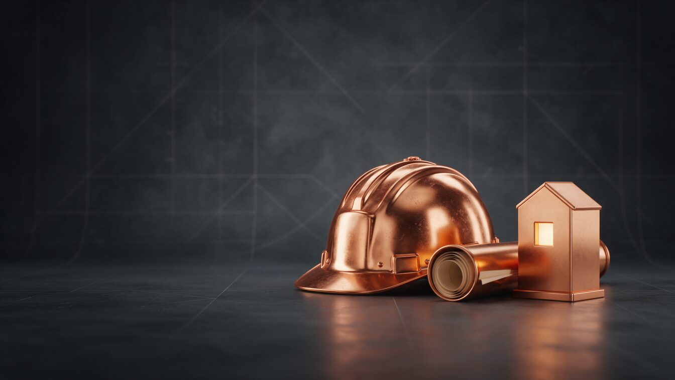 Capacete de obra de cobre ao lado de uma planta enrolada e um bloco de construção com uma janela em âmbar, representando a obra entregue apresentada no site