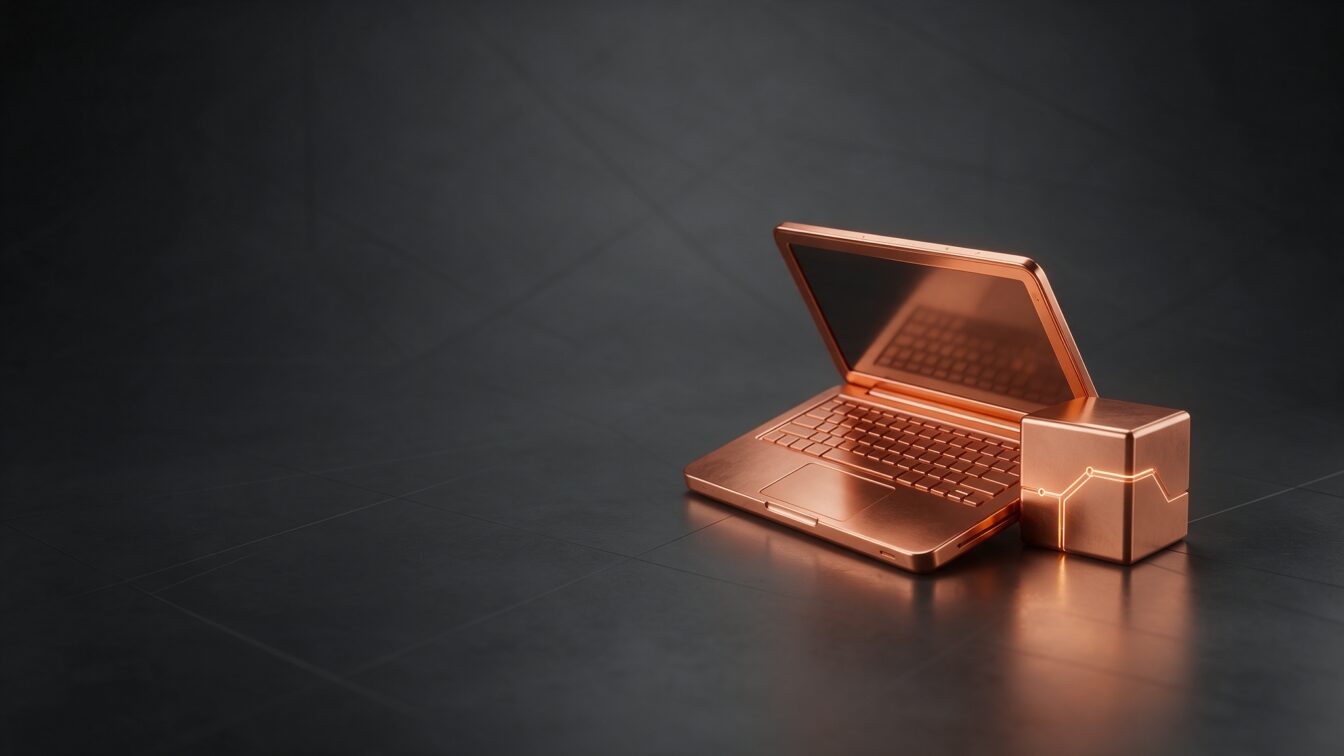 Notebook de cobre semiaberto ao lado de um cubo de cobre com uma linha de circuito em âmbar, representando a empresa de tecnologia que explica o resultado antes da tecnologia
