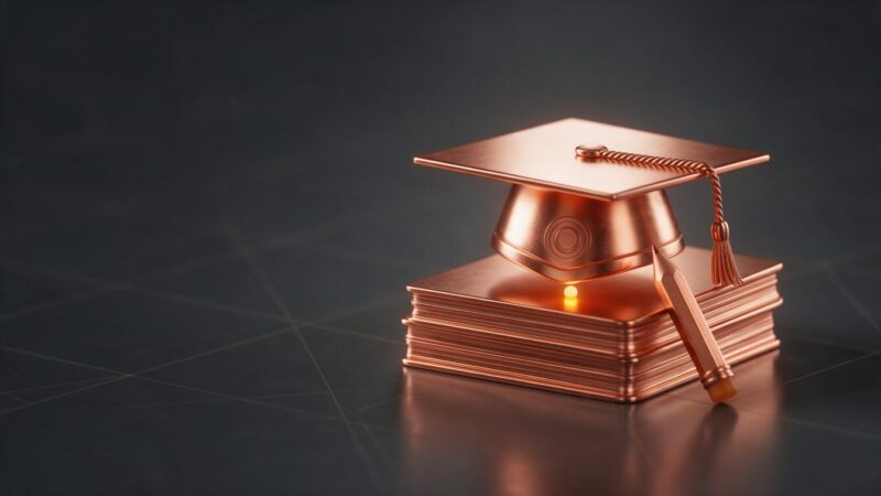Capelo de formatura de cobre sobre uma pilha de livros de cobre com um ponto de luz em âmbar, representando a matrícula decidida pelo site da escola