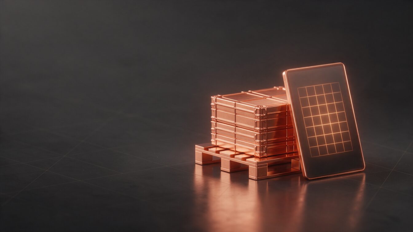 Palete de cobre com caixas empilhadas ao lado de um tablet de cobre com uma grade de catálogo iluminada em âmbar, representando o catálogo online da distribuidora