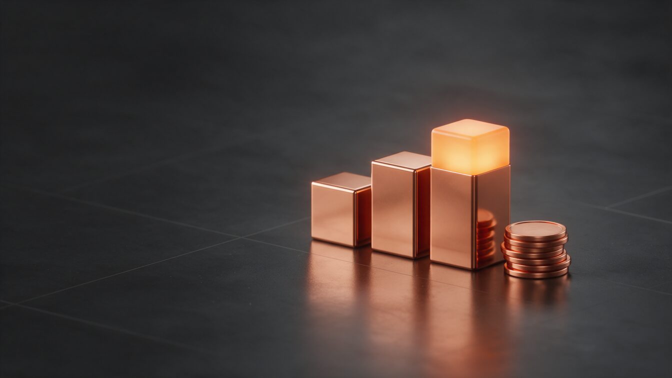 Três blocos de cobre em ordem crescente, o mais alto com o topo iluminado em âmbar, ao lado de uma pilha de moedas de cobre, representando a conta do retorno de um site